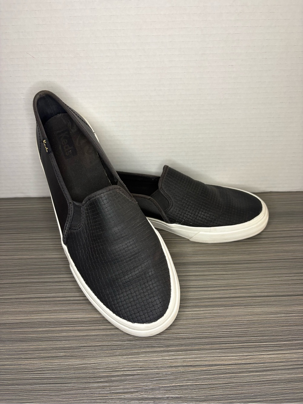 Keds Womens Size 9 Black Embossed Slip On Sneakers Shoes White Sole Casual